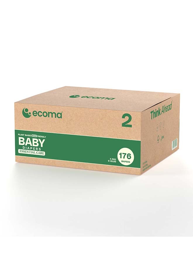 Ecoma Essential Care Baby Diapers Size 2 (4–8 kg) Small |22pcs x 8 boxes= 176 pcs| 100% Plant-Based Top Sheet  | 12 Hour Leak Protection | Ultra Soft, Hypoallergenic & Dye Free | Vegan & Eco-Friendly - Image 1